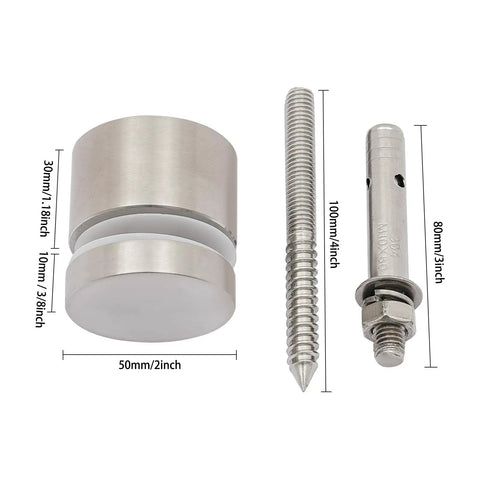 10 Pack 304 Stainless Steel Glass Railing Standoffs With Slick Wire Draw Texture bombproof heavy duty spacers and screws.