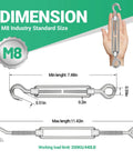 M8 Hook And Eye Turnbuckle Set In 304 Stainless Steel Built Tough Beefy Ten Pack Heavy Duty Wire Rope Tensioner dimensions