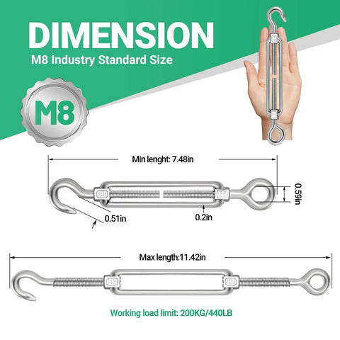 M8 Hook And Eye Turnbuckle Set In 304 Stainless Steel Built Tough Beefy Ten Pack Heavy Duty Wire Rope Tensioner dimensions