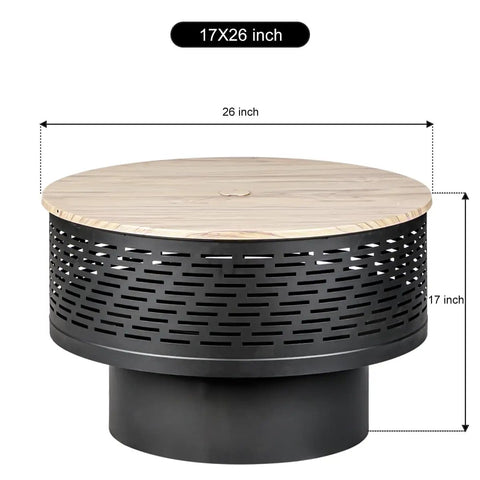 26 Inch Wood Burning Fire Pit Table With Grill And Lid For Backyard BBQs And Bonfire Nights, Outdoor Fire Pit