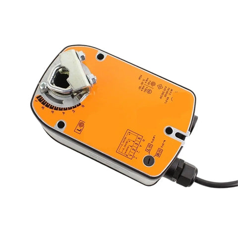 Top Shelf Rotary Actuator delivering a rock solid 4 Nm output for HVAC damper control, showing orange top and wiring.