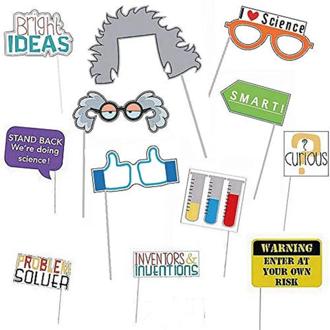 12 Piece Science Photo Booth Props With Sticks Mad Scientist Selfie Cards Chemistry Lab Party Supplies signs and glasses on sticks