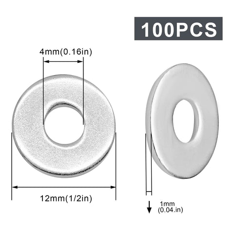 Front and side views of M4 stainless flat washer, 12mm OD, 4mm inner hole, 1mm thick, 100 pcs