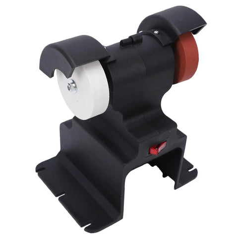 Compact Bench Polishing Machine With 4000mAh Battery And Variable Speed Up To 7000 Rpm For Precise Grinding Tasks showing side view with black body and dual polishing wheels.