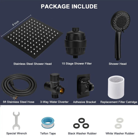 Filtered Rain Shower Head High Pressure 8 Inch Square With Five Setting Handheld Shower Filter Combo self adhesive holder package contents