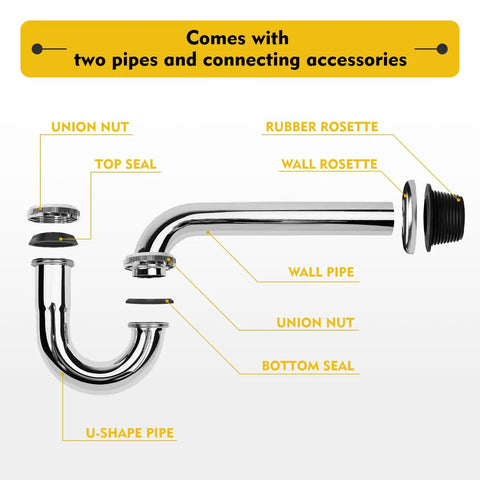 Diagram of Stainless Steel P Trap One And A Quarter Inch Bathroom Basin Sink Waste Trap With Reducing Washer And Chrome Finish