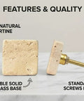 Beige Travertine Square Cabinet Knob Set Of 6 With Screws showing front and side with durable brass base.