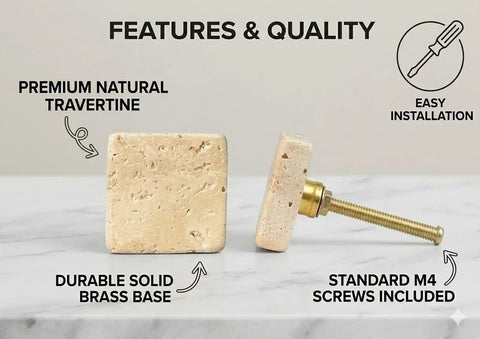Beige Travertine Square Cabinet Knob Set Of 6 With Screws showing front and side with durable brass base.