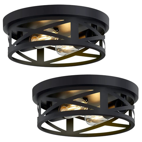 2 Pack Black Flush Mount Ceiling Lights, 2 Light Industrial Farmhouse Ceiling Fixture For Hallway, Kitchen, Bedroom, And Bathroom