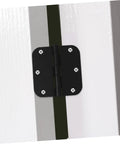 Installed black rounded-corner iron door hinge on white door frame with visible screws.