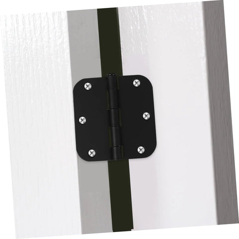 Installed black rounded-corner iron door hinge on white door frame with visible screws.