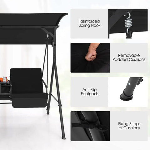 Image showing features of Two Person Outdoor Porch Swing With Canopy, Storage Table, Cooler Bag, and Cup Holders in Black.