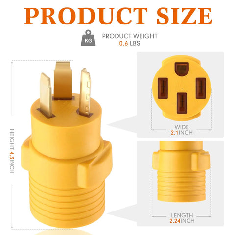 Slick Nema 10-30p To 14-50r Adapter For Level 2 Electric Vehicle Charging Yellow Edition showing dimensions and details.