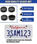4 Piece Stainless Steel License Plate Screw Set, Heavy Duty Anti-Theft Tamper Resistant Car Tag Bolts with Matte Black Caps and Zero Shake Anti Rattle Pads for a Dead Nut Tight Cruise Setup with black screw caps.