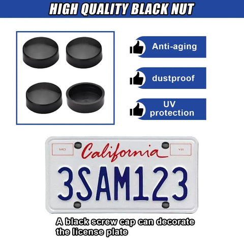 4 Piece Stainless Steel License Plate Screw Set, Heavy Duty Anti-Theft Tamper Resistant Car Tag Bolts with Matte Black Caps and Zero Shake Anti Rattle Pads for a Dead Nut Tight Cruise Setup with black screw caps.