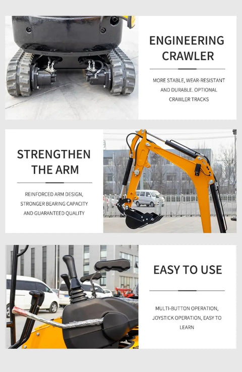 Compact Hydraulic Mini Excavator showcasing features for farm work, landscaping, and construction sites.