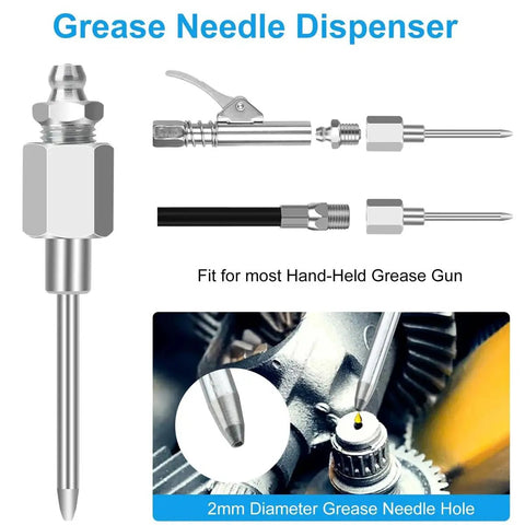 All In One Pro Grade Grease Gun Fittings Kit With 90 Degree Coupler And Sleeves, showing needle nozzles and tips features