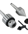 Two Morse Taper Drill Chuck And Live Center Lathe Accessory Bundle with half inch chuck, 60 degree tailstock, cup center converter.