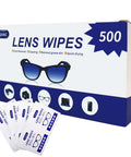icepac Lens Wipes box, 500 count, front view with five individual sachets for eyeglasses cleaning