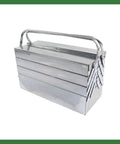 Super Heavy Duty Seven Tray Tool Chest Crafted From Solid Stainless Steel with folding handles and five expandable trays.
