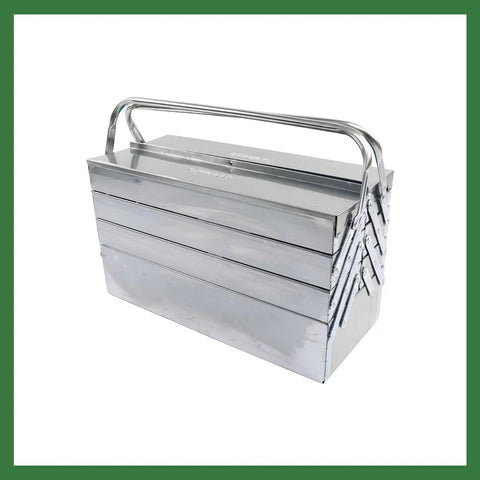 Super Heavy Duty Seven Tray Tool Chest Crafted From Solid Stainless Steel with folding handles and five expandable trays.