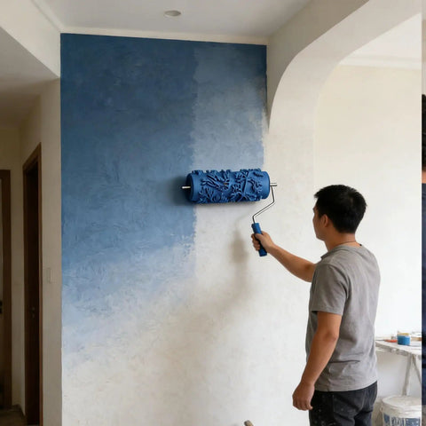 Premium 5 Inch Rubber Patterned Paint Roller Featuring An Ergonomic Handle painting a textured blue wall.