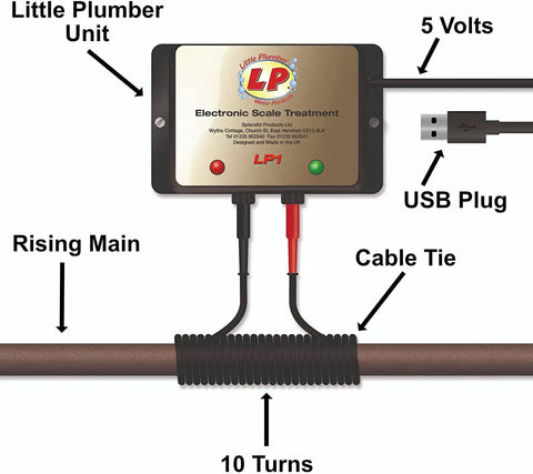 Whole House Water Descaler System No Salt Needed Electronic Descaler with USB plug attached to a pipe labeled 10 turns