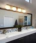 Bathroom with 4-Light Brass Vanity Light With Milky White Glass Globes, Modern Wall Fixture For Bathroom Or Powder Room, Brushed Brass Finish, Dimmable, Easy Install, Lit Vibe For Your Space above mirror