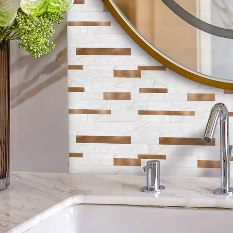 Peel And Stick Backsplash Tiles 10 Sheets Real Texture Marble White Copper Look Subway Style Aluminum PVC Wall Tiles for kitchen