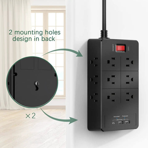 Heavy Duty Power Strip With USB C And Two USB A Ports, 12 AC Outlets, 6 Ft Long Extension Cord mounted on wall showing rear view