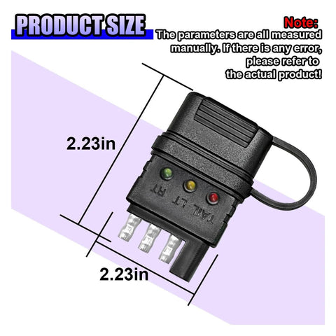 4-Way Flat Trailer Wiring Tester With 4-Pin Double End Male And Female Plugs, showing dimensions and clear indicator lights