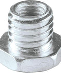 Metal adapter for angle grinder, converts five eighth inch eleven arbor to M ten by one point twenty five for small grinders.