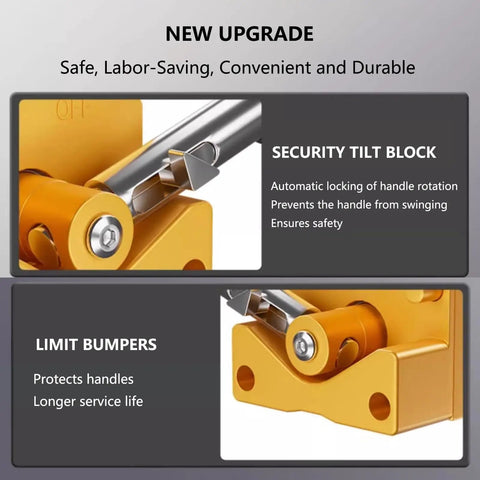 Close-up of Hella Tough Neodymium Steel Magnetic Lifter With Quick Release Lever and Heavy Duty Safety Block features, showing security tilt block and limit bumpers.