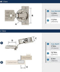 Heavy Duty Self Closing Face Frame Cabinet Hinges, 3/4 Inch Overlay Compact Concealed Design, detailed views with measurements