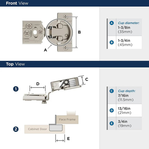 Heavy Duty Self Closing Face Frame Cabinet Hinges, 3/4 Inch Overlay Compact Concealed Design, detailed views with measurements