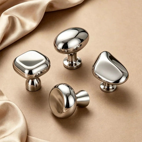 Top Shelf Slick Titanium Silver Mushroom Cabinet Knobs And Drawer Pulls For Kitchen Bathroom And Dresser Crafted From Rock Solid Zinc Alloy With Polished Chrome Finish Modern Minimalist Furniture Hardware 6 Pack Set displayed on a soft background.
