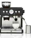 Deluxe Semi Automatic Espresso Coffee Maker With Built In Burr Grinder And Dual Boiler Setup showcasing conical burr grinder and steam wand.
