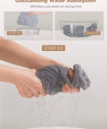 Hands wringing Go To Rapid Dry Microfiber Hair Towel Wrap, demonstrating water absorption and quick dry feature.