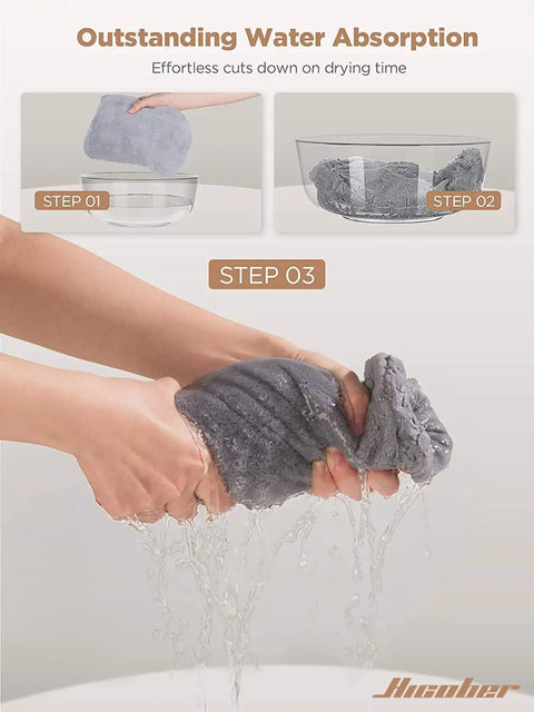 Hands wringing Go To Rapid Dry Microfiber Hair Towel Wrap, demonstrating water absorption and quick dry feature.