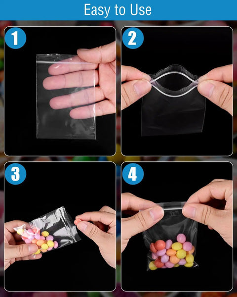 500 Pack Small Clear Resealable Plastic Bags With Four Size Options for Jewelry Candy Pills and More, showing ease of use and candy storage