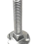 Close-up of a stainless steel fanged elevator bolt 1/4-20 x 1 1/2 for tough DIY projects, part of 10 Pack Set 1 4 20 X 1 2 In Stainless Steel Fanged Elevator Bolts Square Neck 18 8 Grade 3 4 In Head Heavy Duty Rack Hardware That Locks Dead Tight Zero Sweat Assembly For Tough DIY Projects.