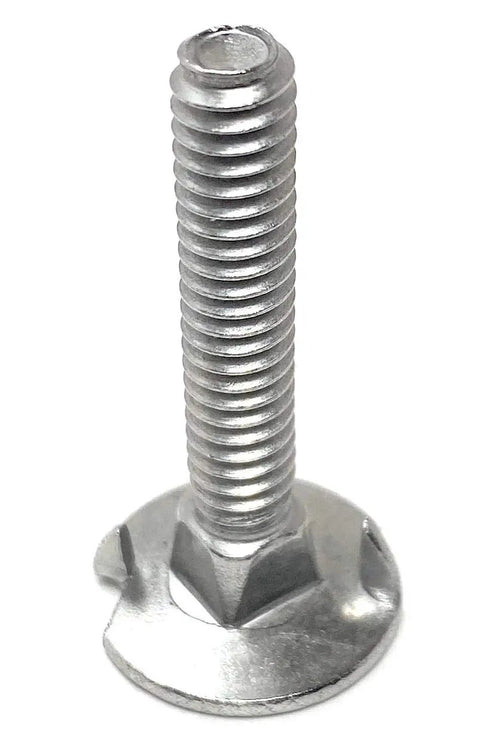 Close-up of a stainless steel fanged elevator bolt 1/4-20 x 1 1/2 for tough DIY projects, part of 10 Pack Set 1 4 20 X 1 2 In Stainless Steel Fanged Elevator Bolts Square Neck 18 8 Grade 3 4 In Head Heavy Duty Rack Hardware That Locks Dead Tight Zero Sweat Assembly For Tough DIY Projects.