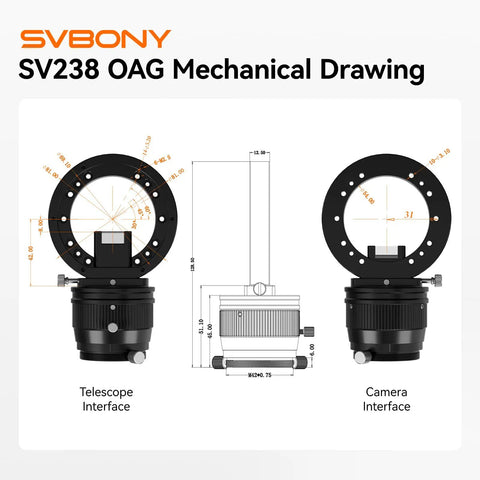 Mechanical drawing of Go-To Off-Axis Guider OAG For Astrophotography with CNC Machined Body, including telescope and camera interfaces.