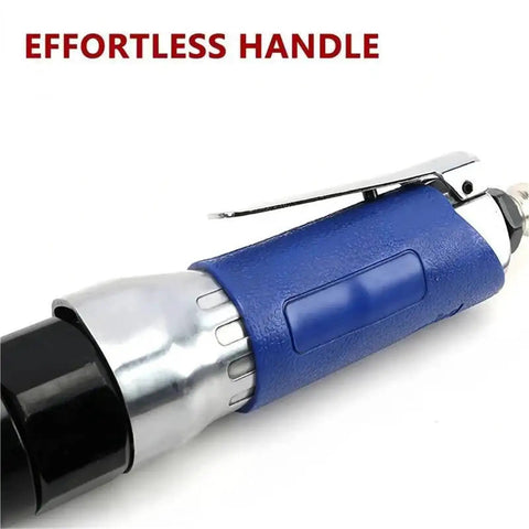 Badass Heavy-Duty 90 Degree Air Ratchet Wrench All Metal Right Angle Pneumatic Trigger with ergonomic blue handle.