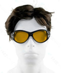 OD Six Plus Laser Safety Glasses 190 Nm To 490 Nm Spectrum Eye Protection on mannequin with black sport frame and yellow lenses