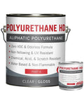 Clear Two Part Polyurethane Sealer Slaps On Smooth For Raw Wood And Brick Slick High Gloss UV Resistant Topcoat Nails The Deep Color Lock Covers Two Hundred Fifty Square Feet One Gallon Ready Mix in large can and smaller container.
