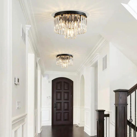 Crystal Ceiling Light Fixture Three Light Modern Semi Flush Mount With E12 Base Black Finish Two Layer Crystal Shade in hallway
