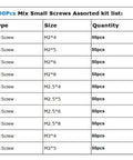 Screw sizes and quantities list from All In One Laptop Repair Screw Kit 500Pcs Black Zinc Plated M2 M2.5 M3 Flat Head Screws For SSD Motherboard And Electronics Repair Plus 1g Gold Thermal Grease For CPU GPU Heat Sink