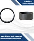 Black oxidized 1/2 inch PEX copper ring crimp kit for PEX B tubing visible, fits major brands, black surface detail shown.