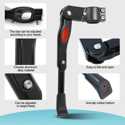Universal Bike Stand With Kickstand For Adult And Kids Bikes Built To Last Easy Repair Adjustable Rear Side Aluminum Alloy Stand That Fits Mountain Road City And Commuter Bikes Stable And Garage Ready For Action showing features and materials.